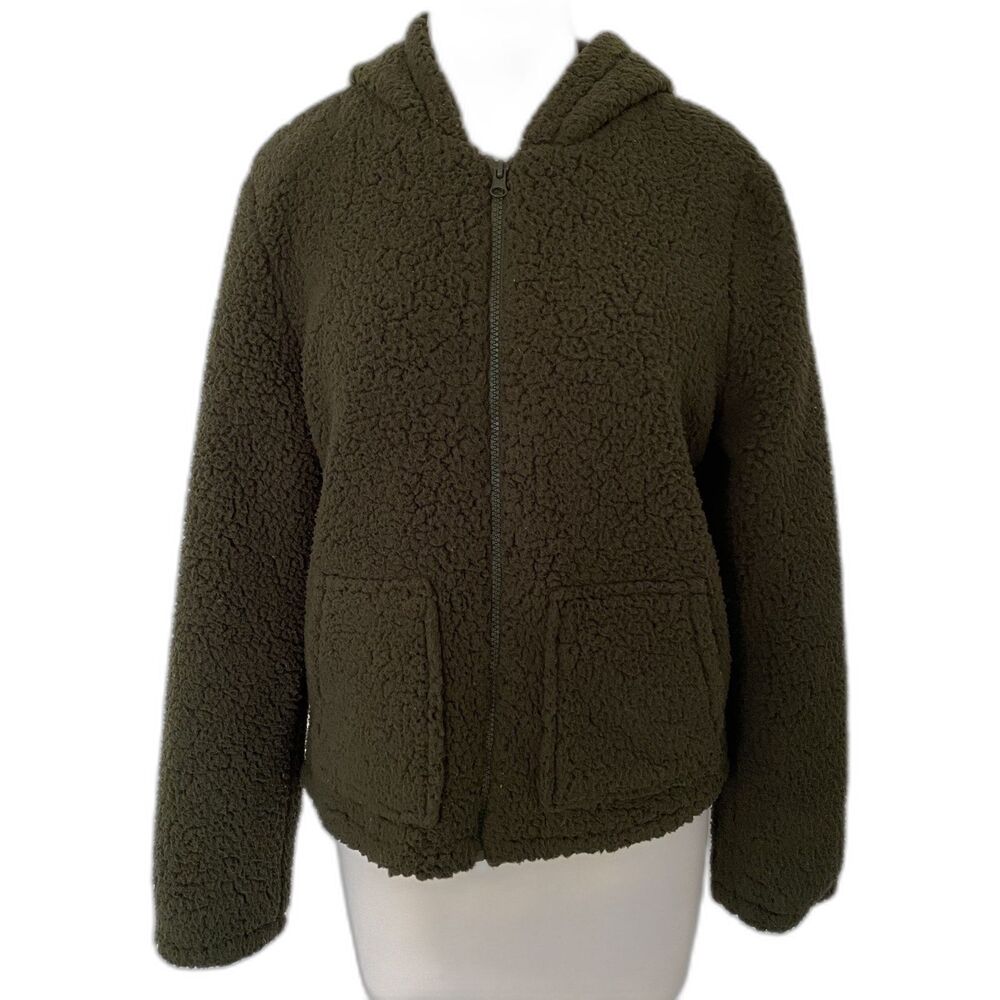 Ci Sono Faux Fur Olive Green Zippered Hooded Jacket Soft Plush Warm Cozy Sz L